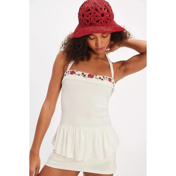 Free People Alee Blouse Top Halter Floral Embroidered Smocked White XS 280439 - Picture 1 of 7